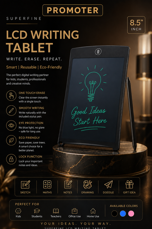 SUPERFINE 8.5″ LCD Writing Tablet — a smart, reusable and eco-friendly digital writing companion for kids, students, teachers, professionals and creative minds.  🖊️ Smooth Writing 👆 One-Touch Erase 👀 Eye-FriendlSUPERFINE